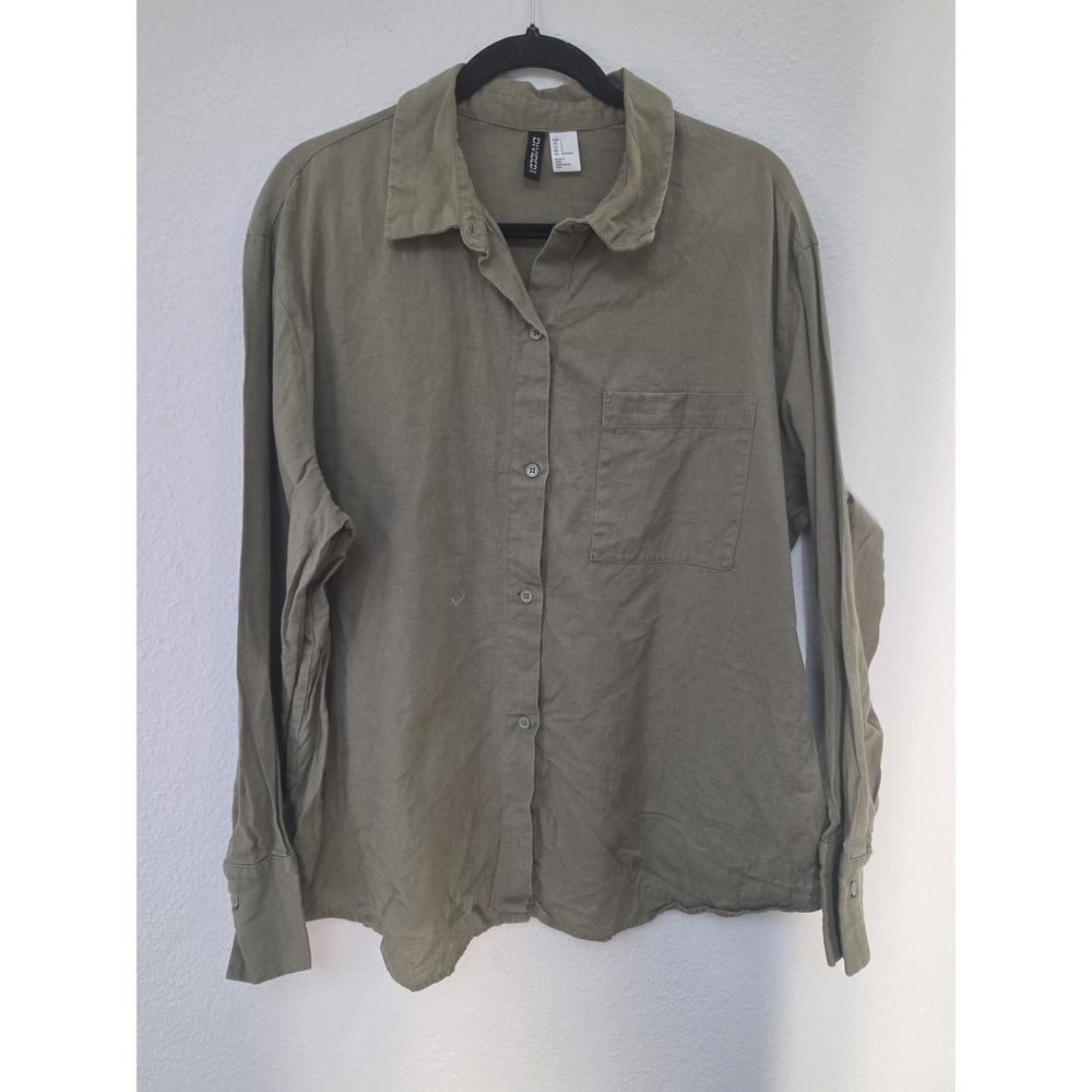 H&M Divided Button-Up Shirt Mens L Olive Green Long Sleeve Cotton Linen